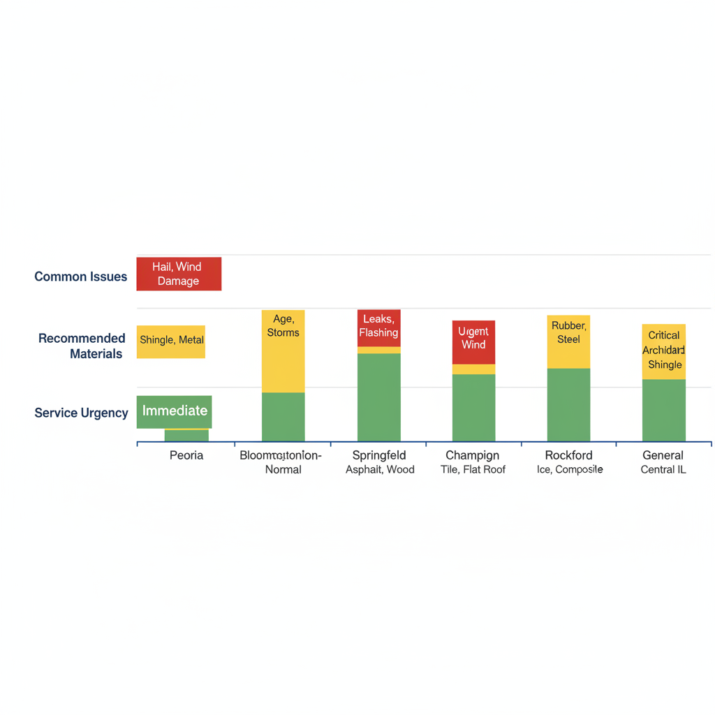 Horizontal bar chart comparing roofing needs and challenges across Central Illinois areas with color-coded categories