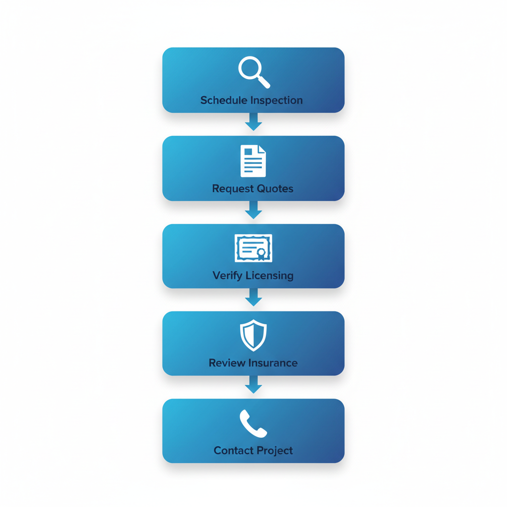 Vertical flowchart illustrating five steps to hire a local roofing contractor: schedule inspection, request quotes, verify licensing and warranties, review insurance coordination, and contact to start project.