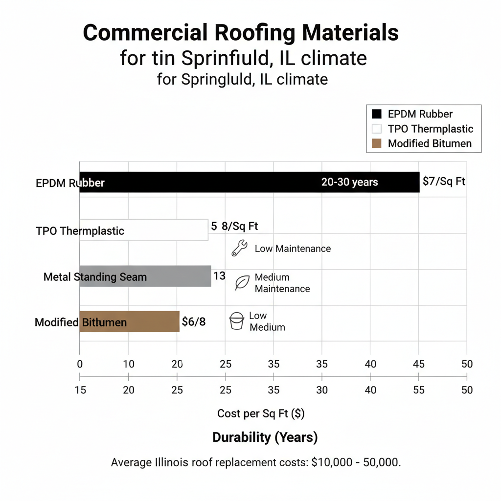 Horizontal bar chart comparing durability and cost of EPDM Rubber, TPO Thermoplastic, Metal Standing Seam, and Modified Bitumen roofing materials for Springfield, IL.