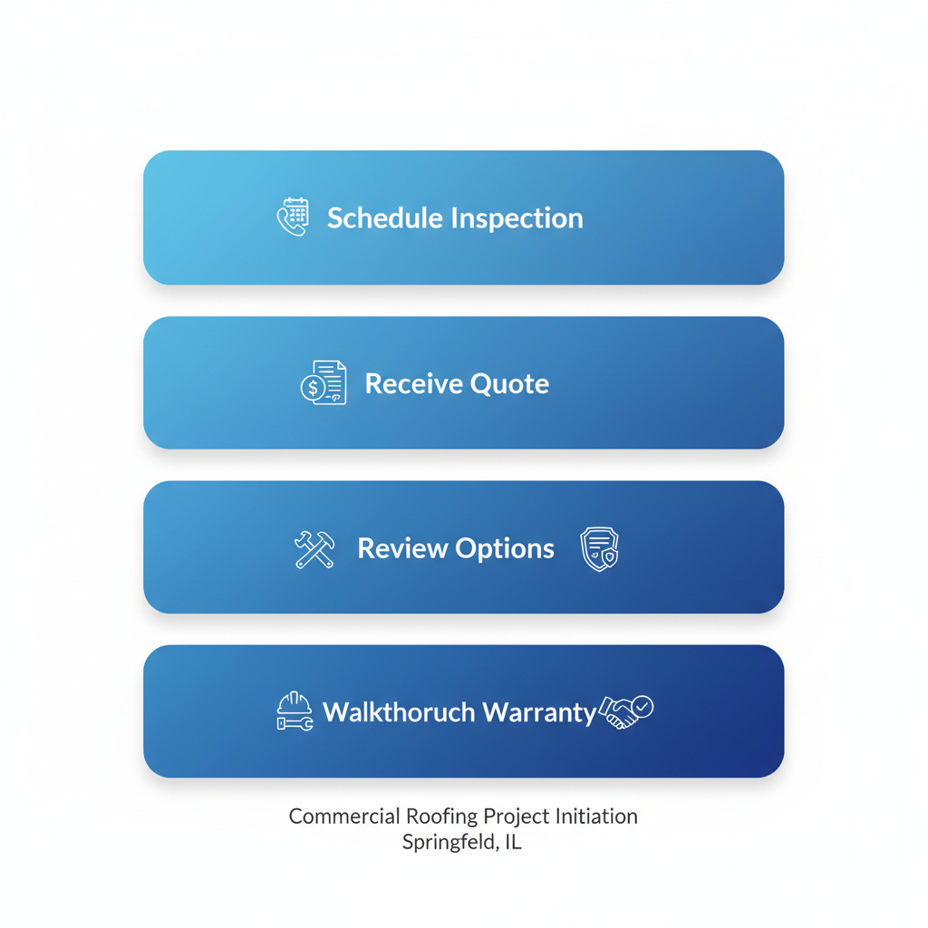 Vertical process flow diagram outlining five steps to start a commercial roofing project in Springfield, Illinois