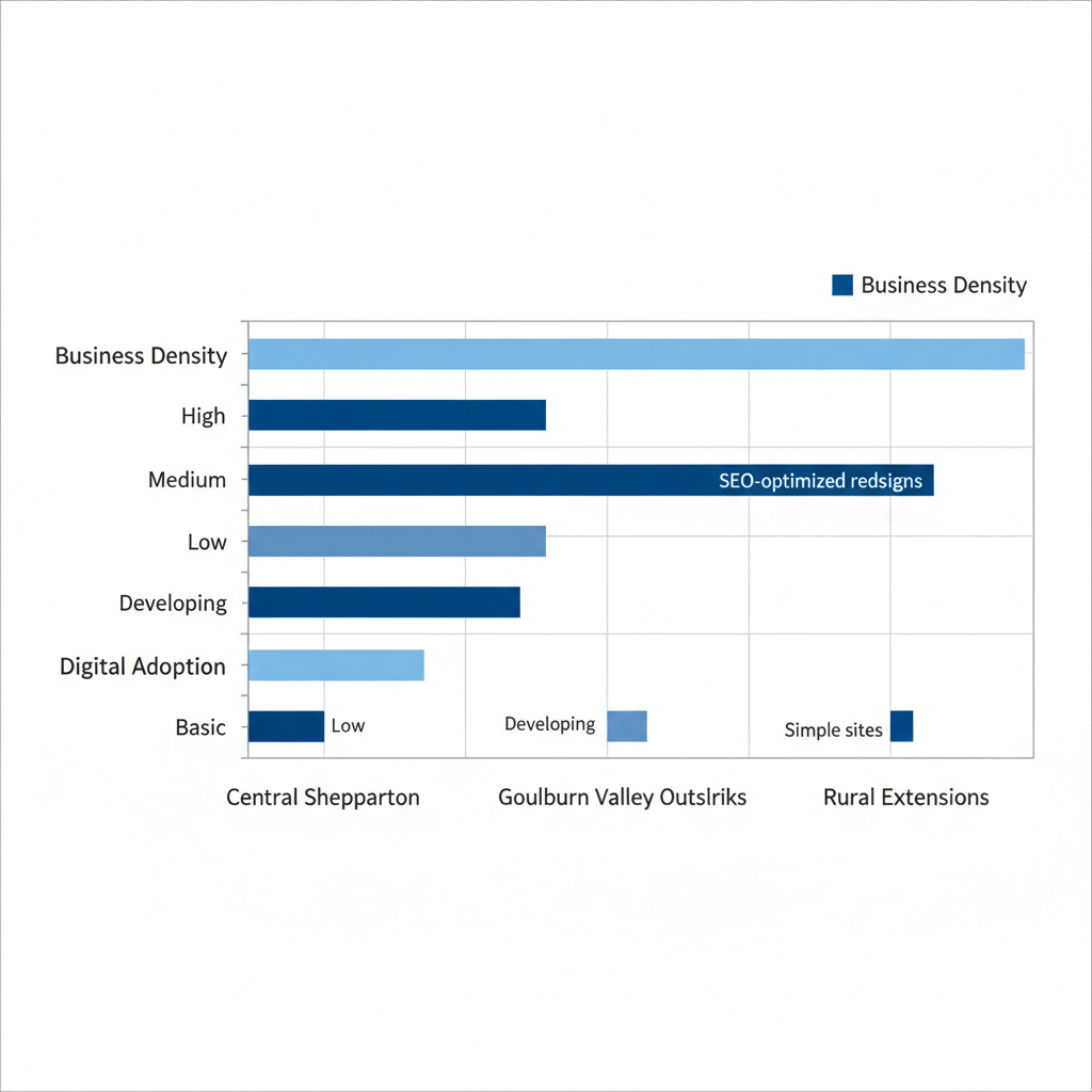 Horizontal bar chart depicting business density and digital adoption levels in Central Shepparton, Goulburn Valley Outskirts, and Rural Extensions