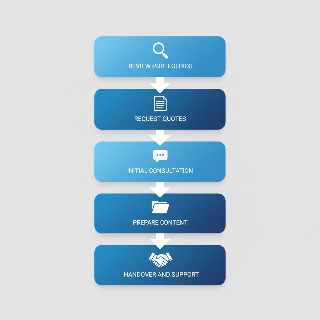 Vertical process flow diagram illustrating five steps to choose web design services: review portfolios, request quotes, consult, prepare content, and handover support.
