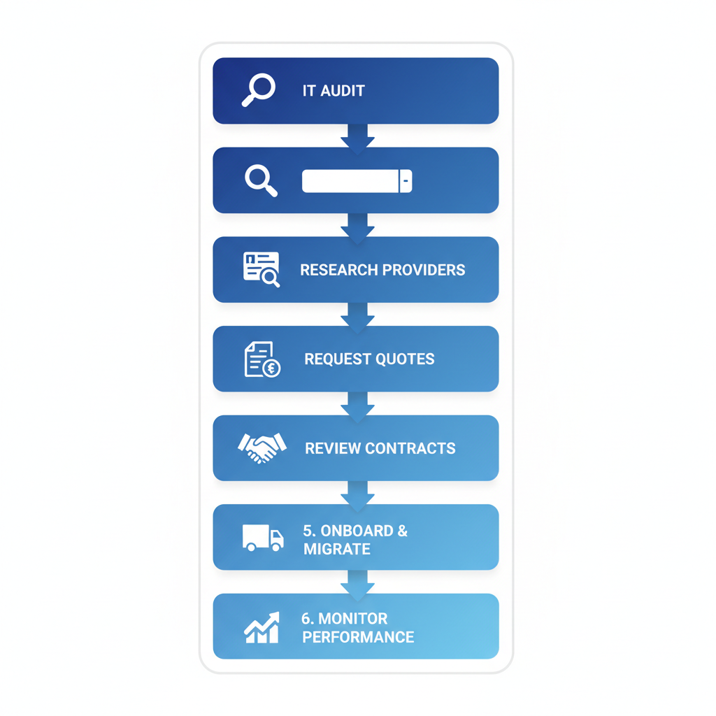 Vertical process flow diagram illustrating six steps to initiate managed IT services in Shepparton, featuring icons and blue gradient boxes.