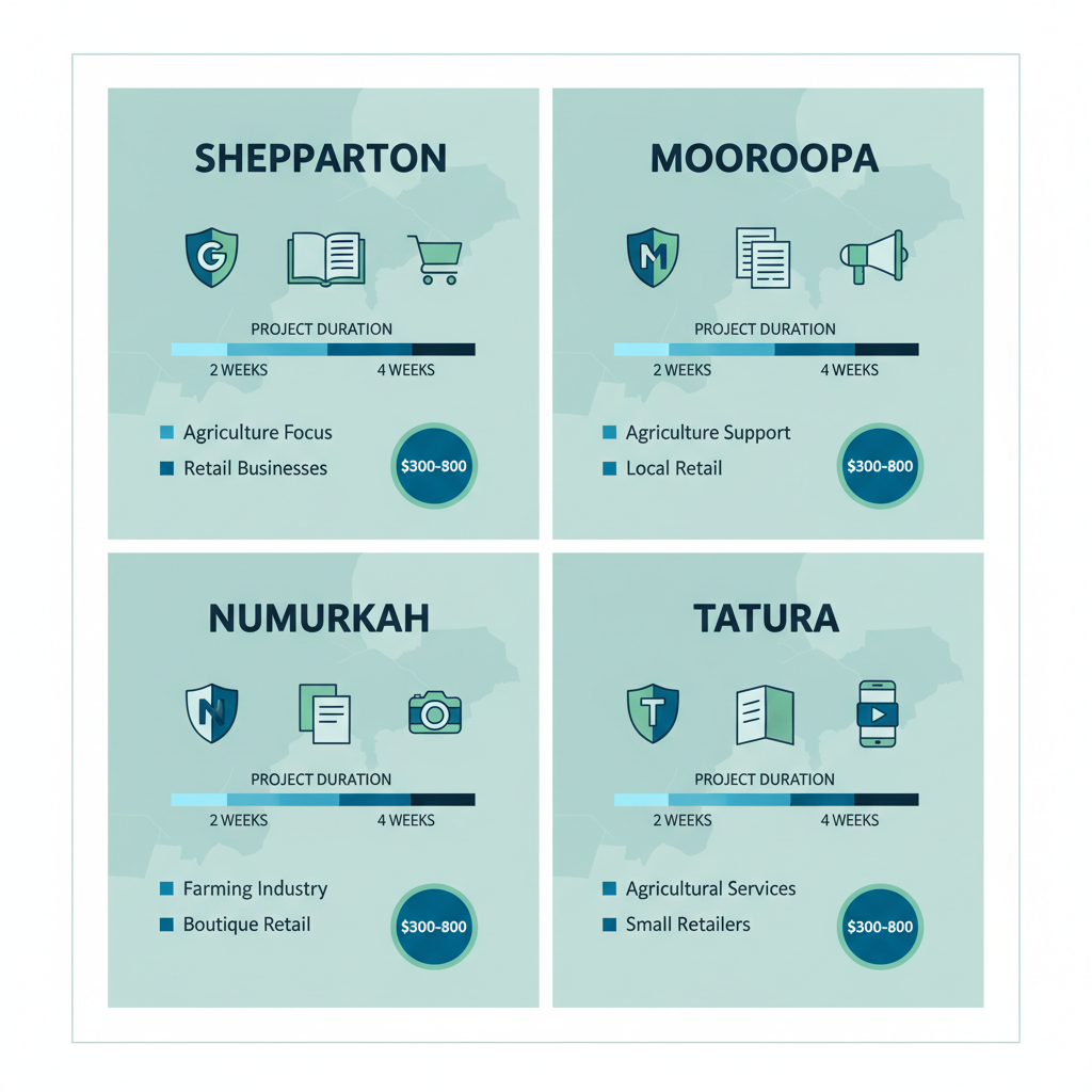 Infographic visually comparing graphic design services across Shepparton, Mooroopna, Numurkah, and Tatura in Goulburn Valley, including service icons, project timelines, focus areas, and cost ranges.