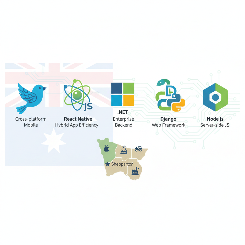 Infographic depicting five essential icons for custom software and mobile app development tools with brief benefits and Goulburn Valley map for regional Australian context