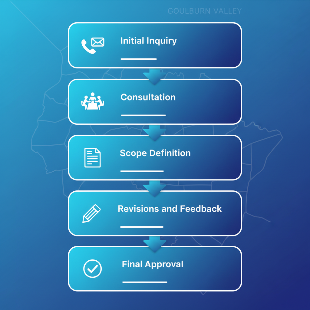 Vertical process flow diagram showing five stages to launch a graphic design project in Shepparton, with icons and blue gradient design.