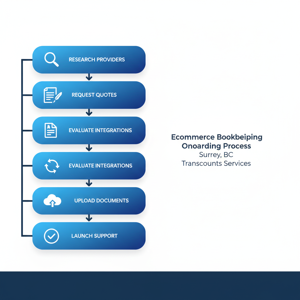Vertical process flow diagram illustrating five steps to start ecommerce bookkeeping in Surrey, BC