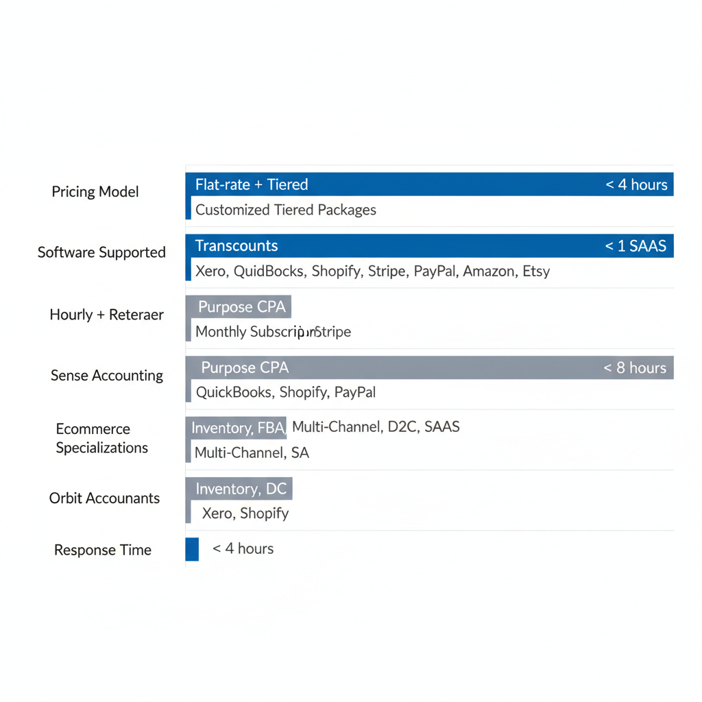 Horizontal bar chart comparing four Vancouver bookkeeping firms for ecommerce across pricing, software, specializations, and response time