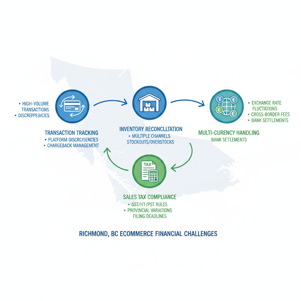 Infographic depicting key financial challenges for ecommerce sellers in Richmond, BC, with icons for transaction tracking, inventory reconciliation, multi-currency handling, and sales tax compliance.