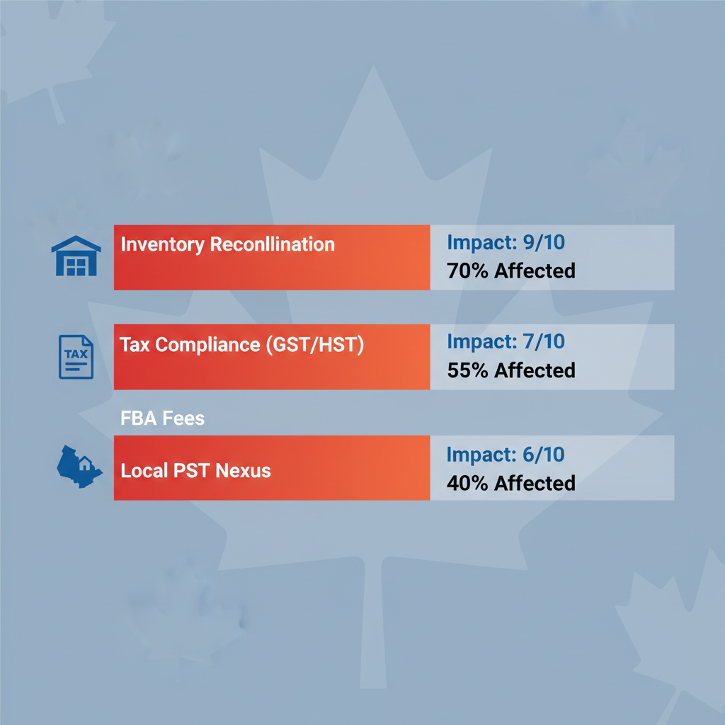 Horizontal bar chart showing key Amazon FBA accounting challenges for Vancouver sellers including inventory, tax, fees, and PST nexus with impact levels and percentages