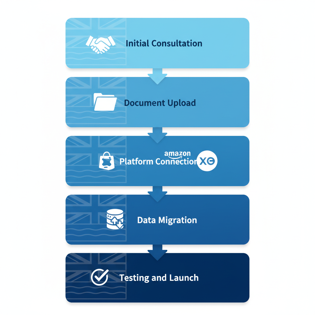 Vertical process flow diagram illustrating the five stages of ecommerce bookkeeping onboarding and integration for Richmond businesses
