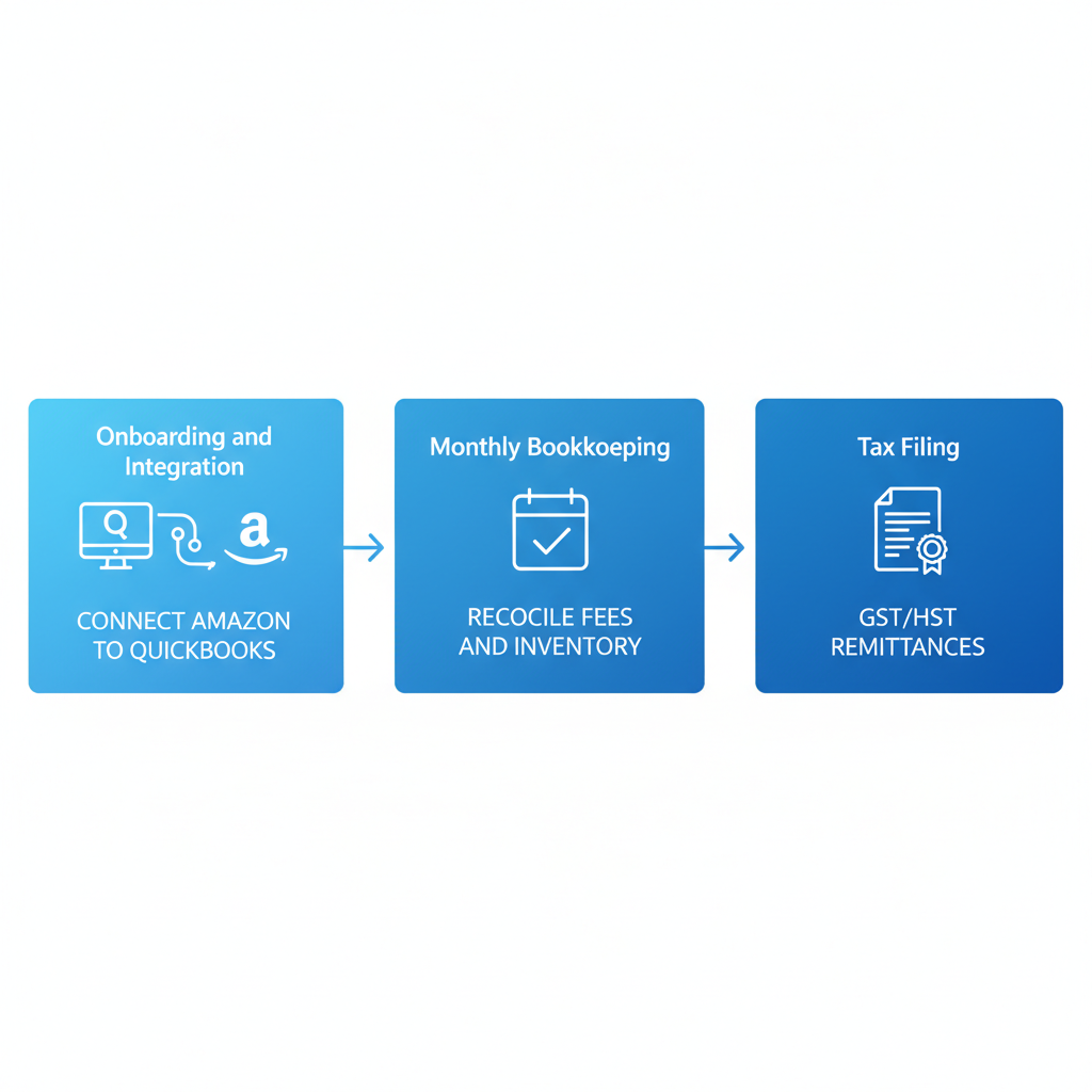 Horizontal process flow diagram illustrating three stages of Amazon FBA accounting services: onboarding, monthly bookkeeping, and tax filing.