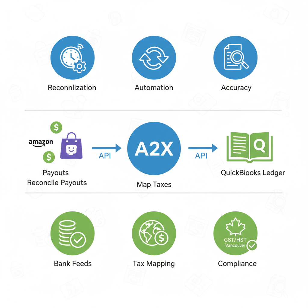 Infographic illustrating A2X integration with QuickBooks for automated e-commerce accounting.