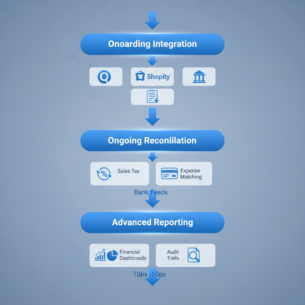 Vertical process flow diagram of Transcounts' ecommerce accounting workflow with three key stages