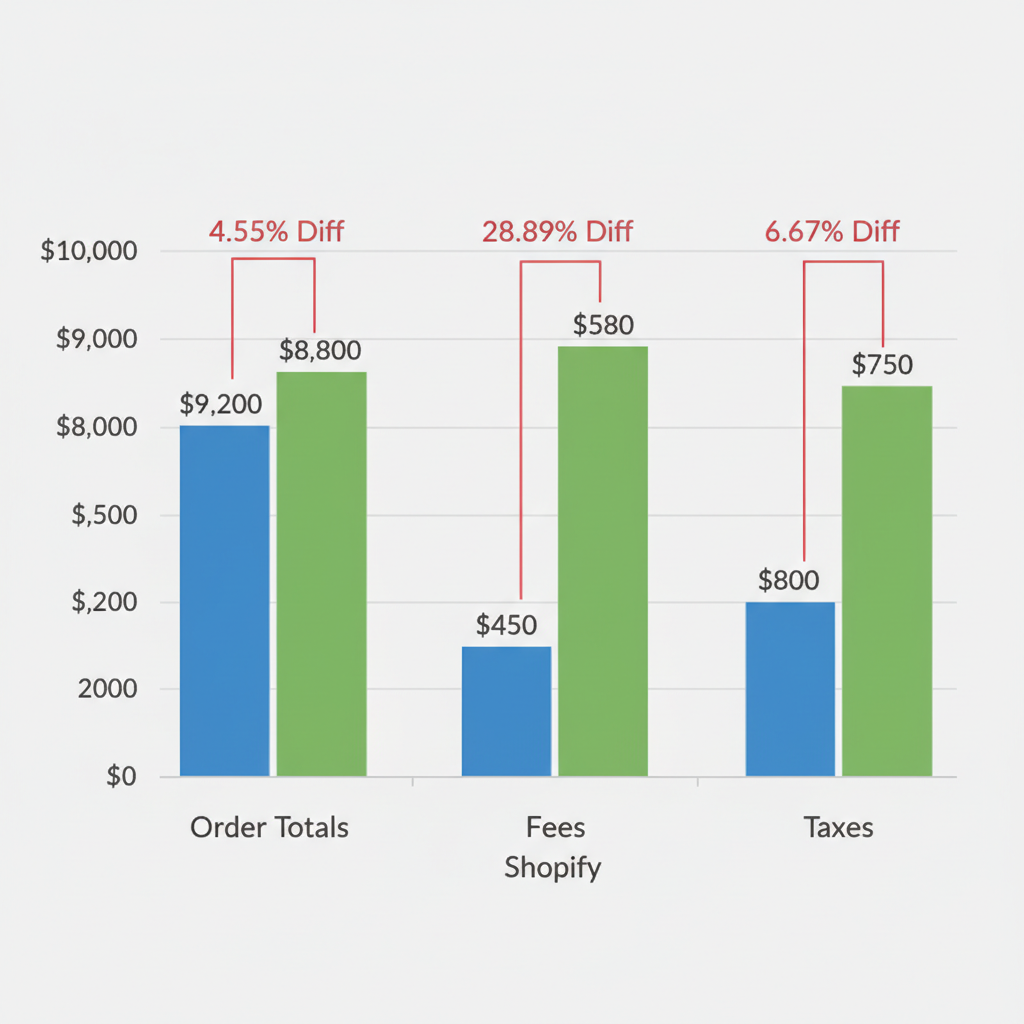 Side-by-side bar chart illustrating data variances between A2X and Shopify for order totals, fees, and taxes in CAD