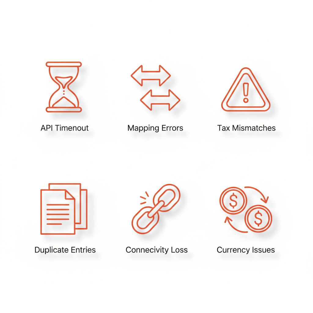 Grid of six icons depicting common A2X and Xero synchronization issues: API timeout, mapping errors, tax code mismatches, duplicate entries, connectivity failures, and currency conversion problems for Canadian e-commerce sellers.