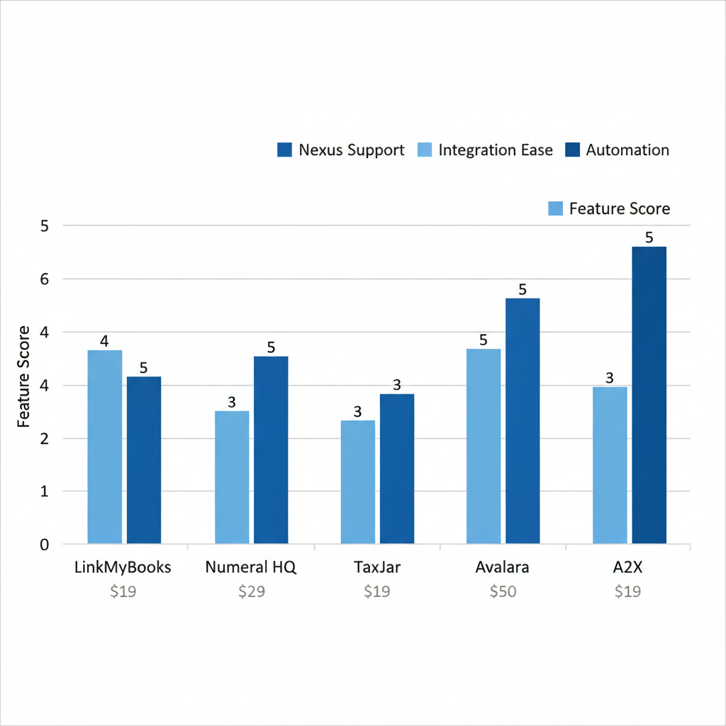 Clustered column chart comparing features and pricing of top US sales tax tools for Canadian Shopify sellers
