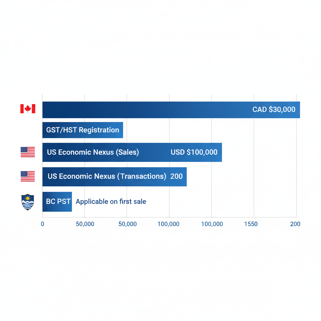 Horizontal bar chart of cross-border sales tax thresholds for e-commerce, including GST/HST at CAD $30,000, US nexus at USD $100,000 sales or 200 transactions, and BC PST.