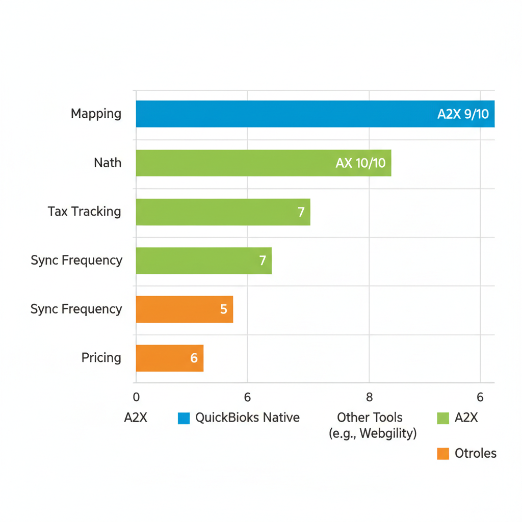 Horizontal bar chart illustrating feature comparisons of Shopify-QuickBooks integration tools including A2X, QuickBooks Native, and others.