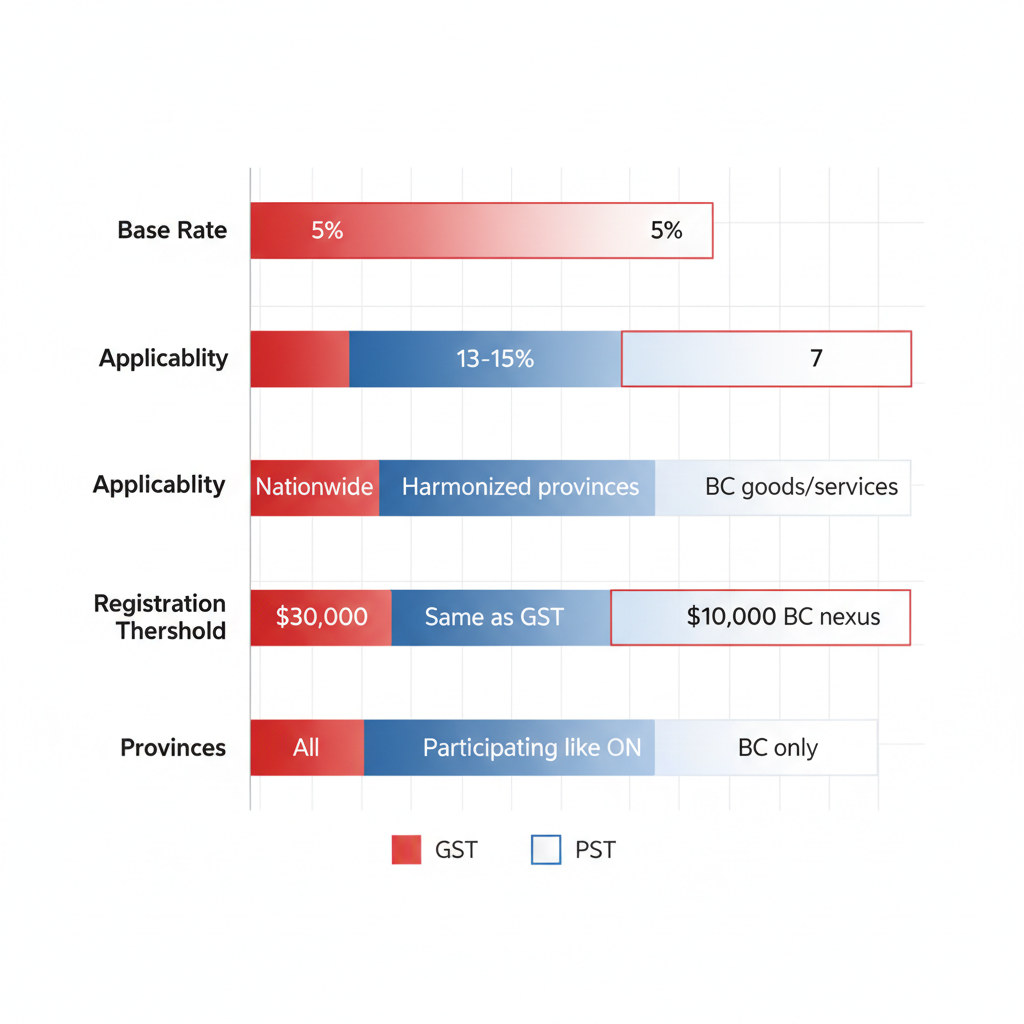 Horizontal bar chart comparing key differences between GST, HST, and PST taxes in Canada for e-commerce businesses