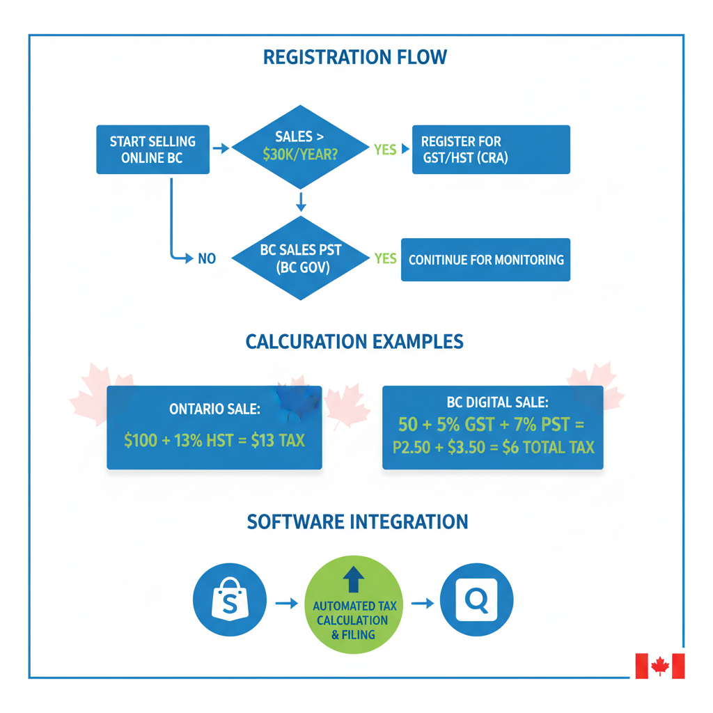 Infographic showing step-by-step GST/HST and PST registration and calculation process for BC ecommerce sellers