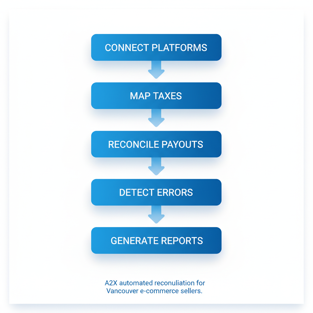 Vertical process flow diagram illustrating five stages of A2X automated reconciliation for e-commerce accounting
