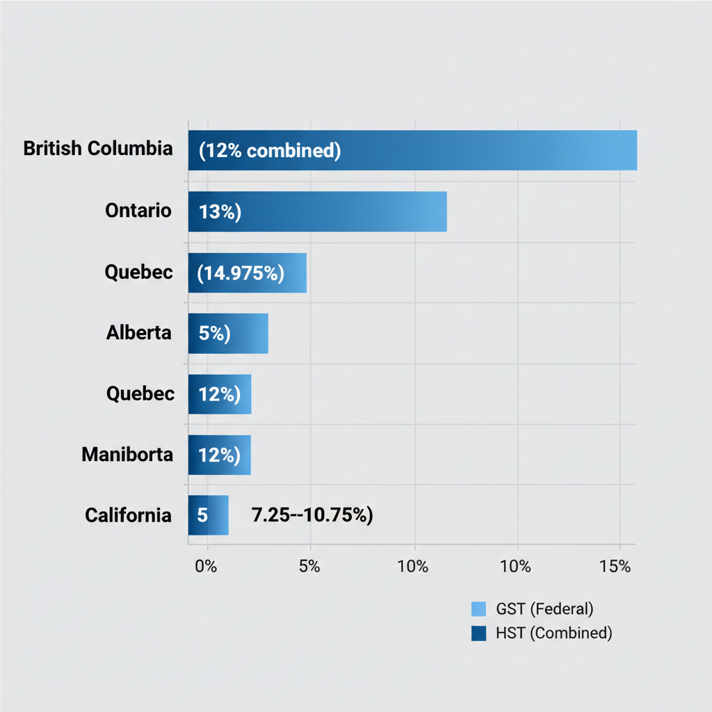 Horizontal bar chart comparing sales tax rates for Canadian provinces and California for e-commerce sellers