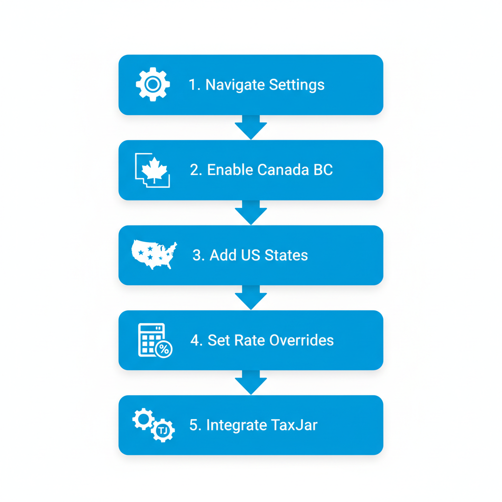 Vertical process flow diagram illustrating five key steps to configure tax calculations in Shopify admin for Canadian sellers