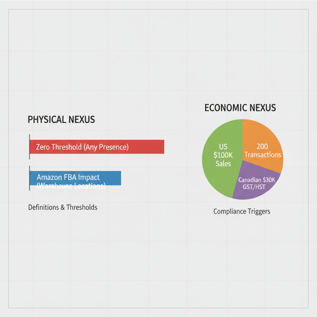 Comparison chart illustrating physical and economic sales tax nexus thresholds for Amazon sellers in Vancouver.