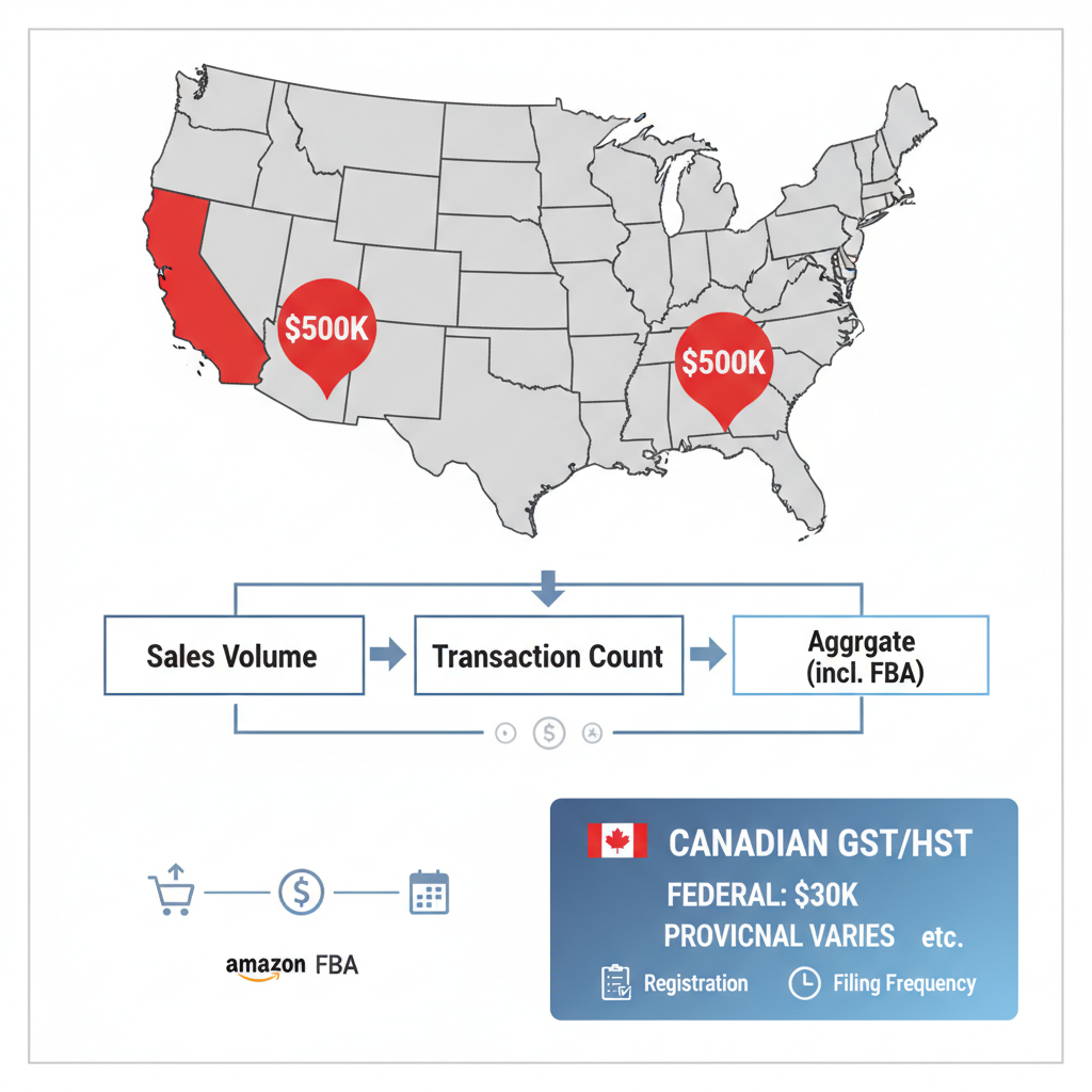 Infographic detailing sales tax nexus thresholds for US states and Canadian provinces, with maps, flowchart, and icons for e-commerce compliance.