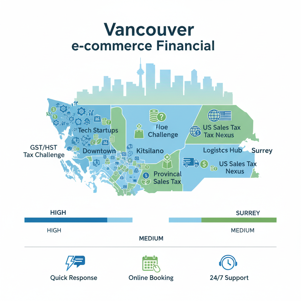 Infographic map illustrating e-commerce financial landscape in Vancouver neighborhoods including density, tax challenges, and accessibility features.