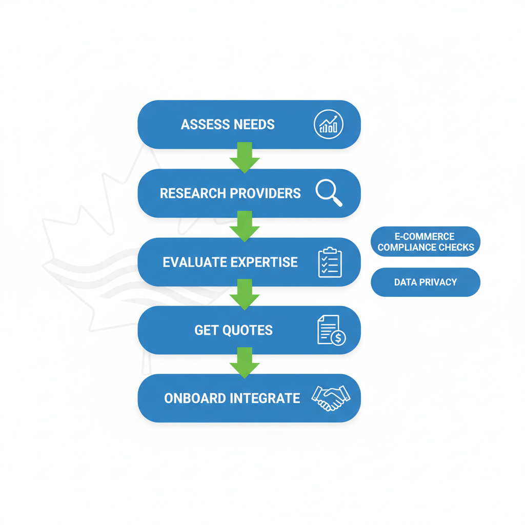 Vertical process flow diagram illustrating five steps to hire a fractional controller in Vancouver for e-commerce businesses.