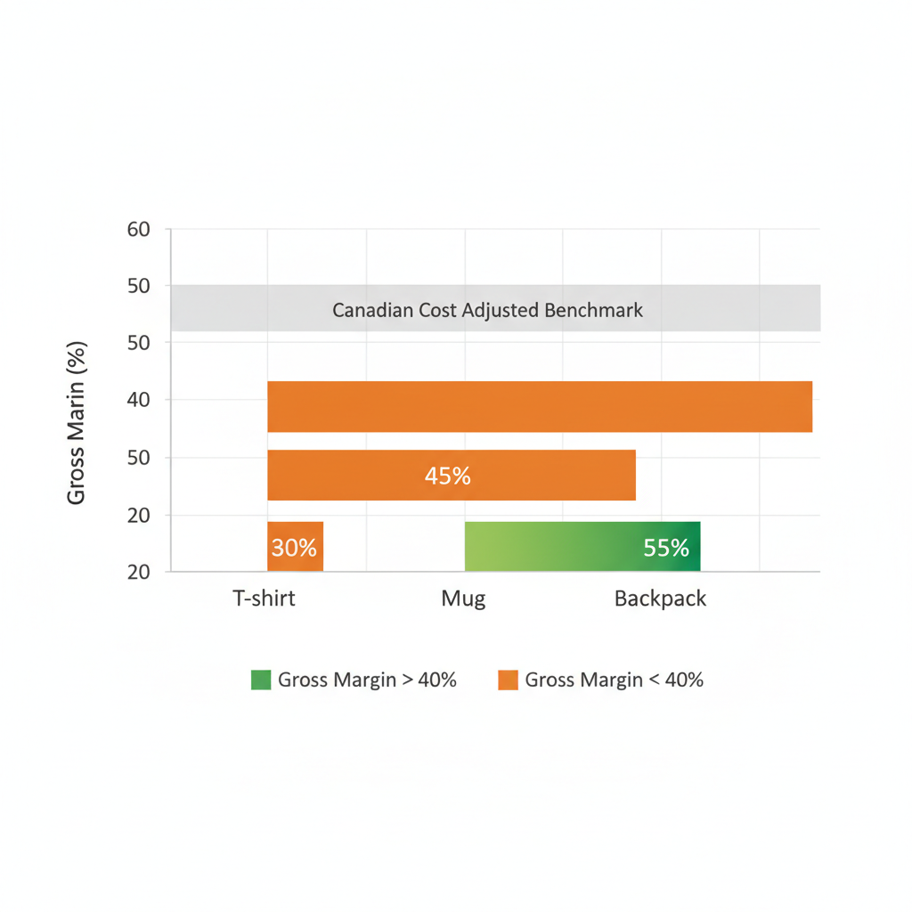 Horizontal bar chart showing gross margin percentages for ecommerce SKUs: T-shirt at 45%, Mug at 30%, Backpack at 55%, with color-coded bars indicating healthy margins.