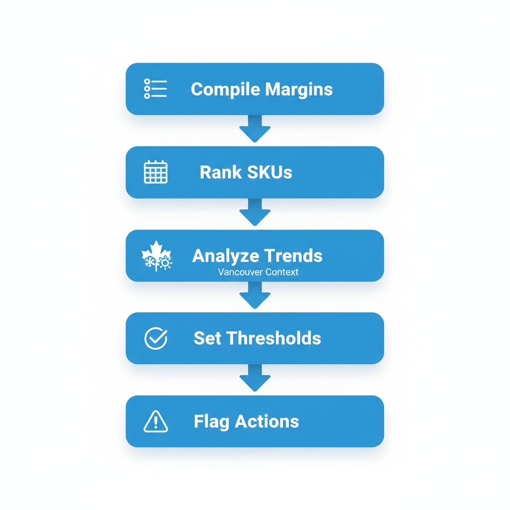 Vertical process flow diagram illustrating five steps for SKU profitability review in Vancouver ecommerce, with icons and connected stages.
