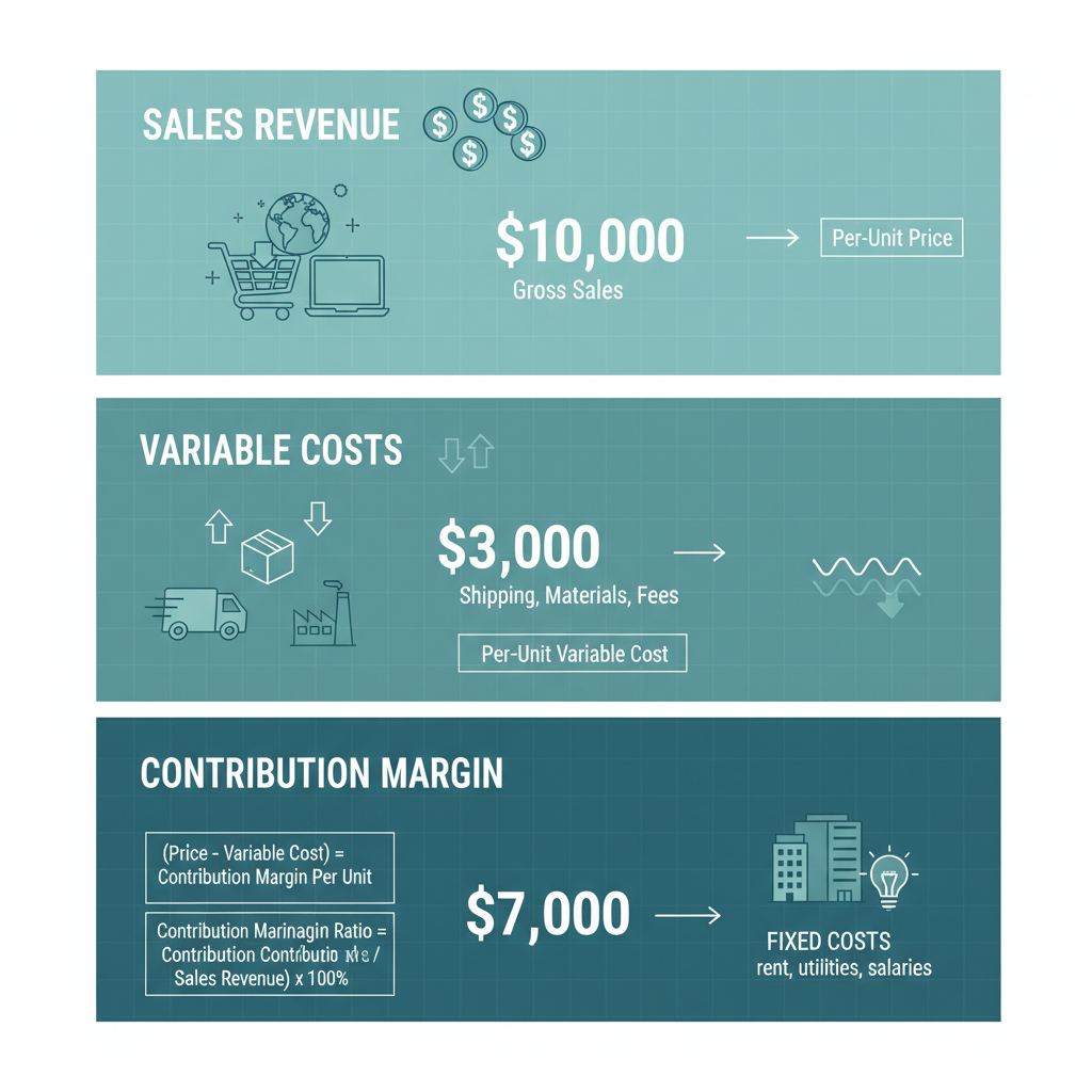 Infographic showing sales revenue, variable costs, and contribution margin calculation for businesses