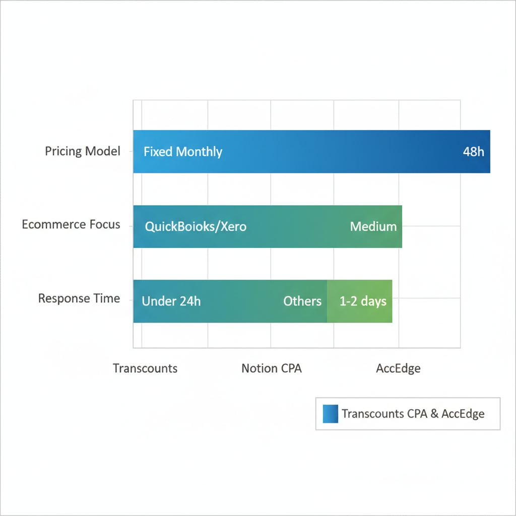 Horizontal bar chart comparing Transcounts, Notion CPA, and AccEdge fractional controllers on pricing, ecommerce focus, integrations, and response time