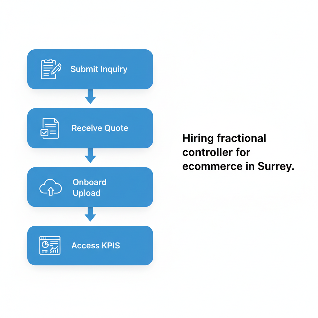 Vertical process flow diagram showing four steps to engage a fractional controller for ecommerce in Surrey, with icons and brief labels.