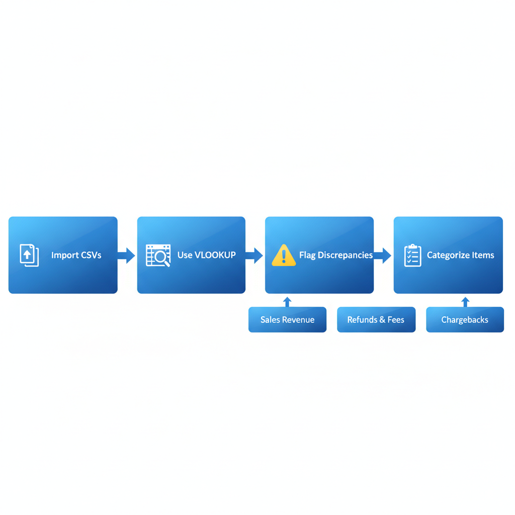 Horizontal process flow diagram illustrating steps for matching Stripe and PayPal transactions to Shopify orders, including importing CSVs, using VLOOKUP, flagging discrepancies, and categorizing items.