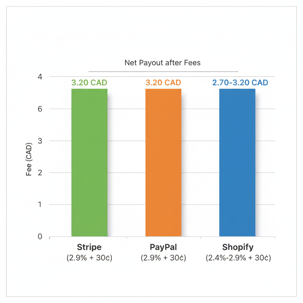 Bar chart comparing transaction fees for Stripe, PayPal, and Shopify Payments on a $100 CAD e-commerce sale, including net payouts.