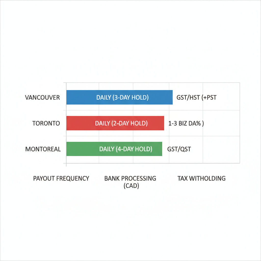 Horizontal bar chart comparing Shopify payout schedules across Vancouver, Toronto, and Montreal
