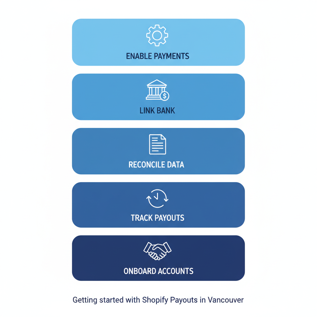 Vertical process flow diagram illustrating five steps to set up Shopify Payouts in Vancouver with icons and labels.