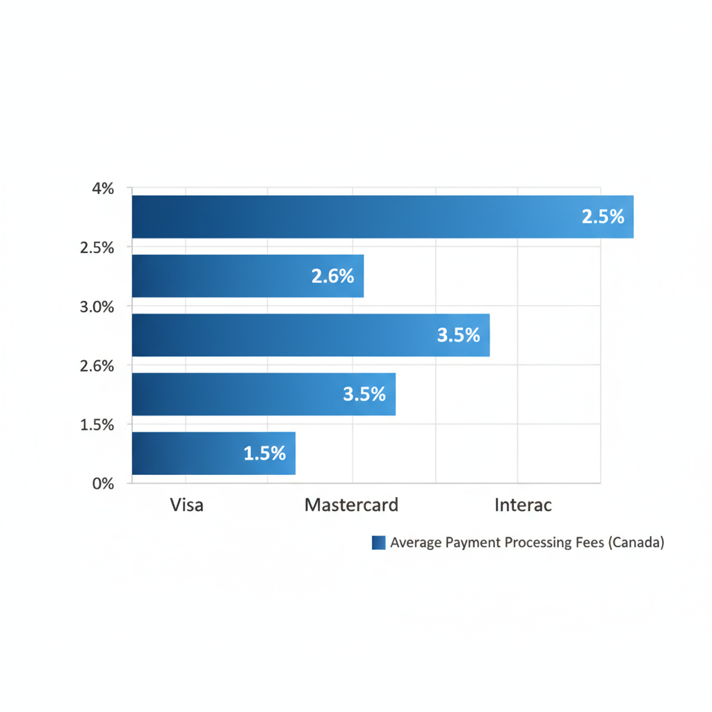 Horizontal bar chart of average payment processing fees by card type for Canadian ecommerce: Visa 2.5%, Mastercard 2.6%, Amex 3.5%, Interac 1.5%