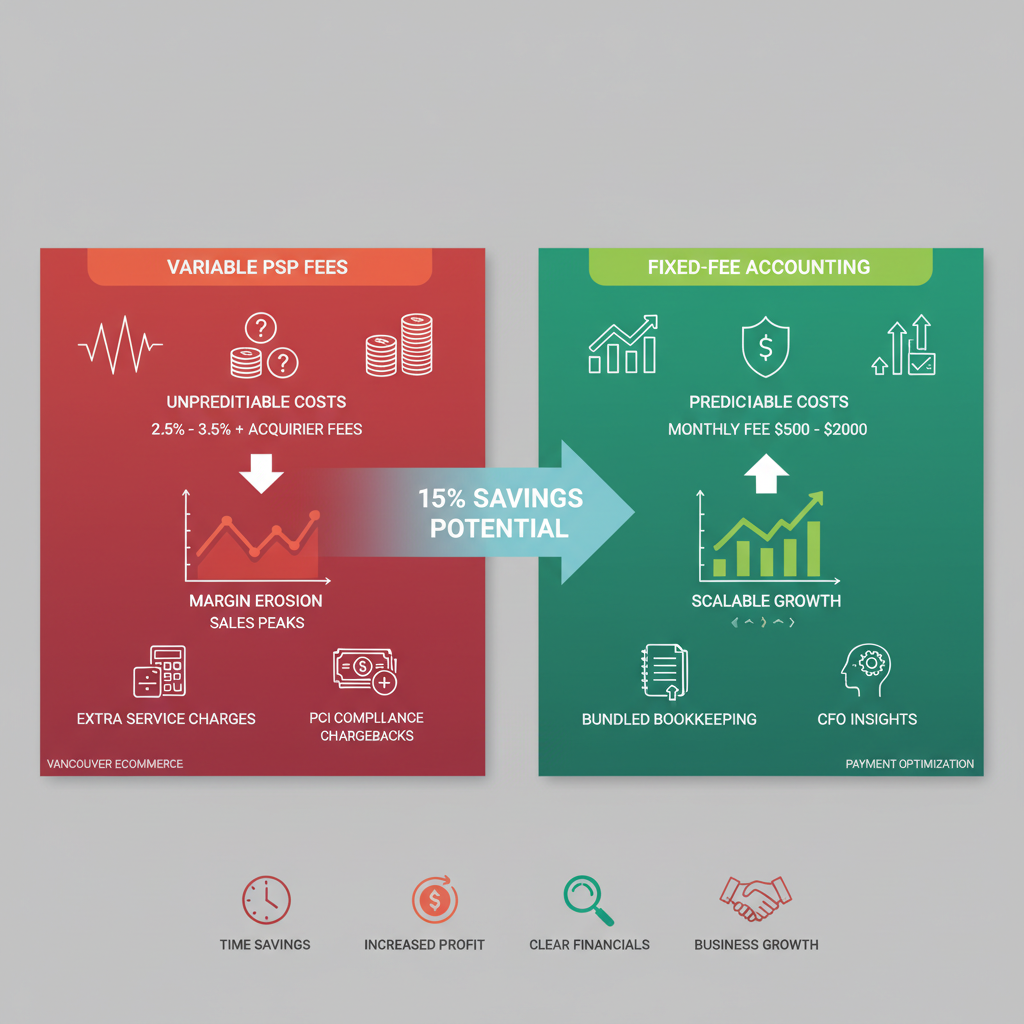 Infographic comparing variable PSP fees to fixed Transcounts accounting packages showing 15% savings for ecommerce.