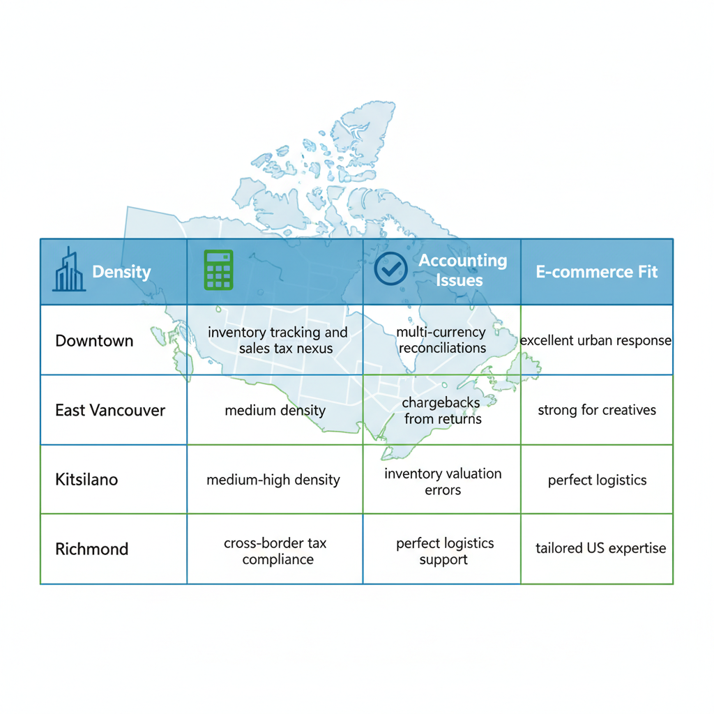 Infographic comparing e-commerce density, accounting challenges, and service fit across Vancouver neighborhoods