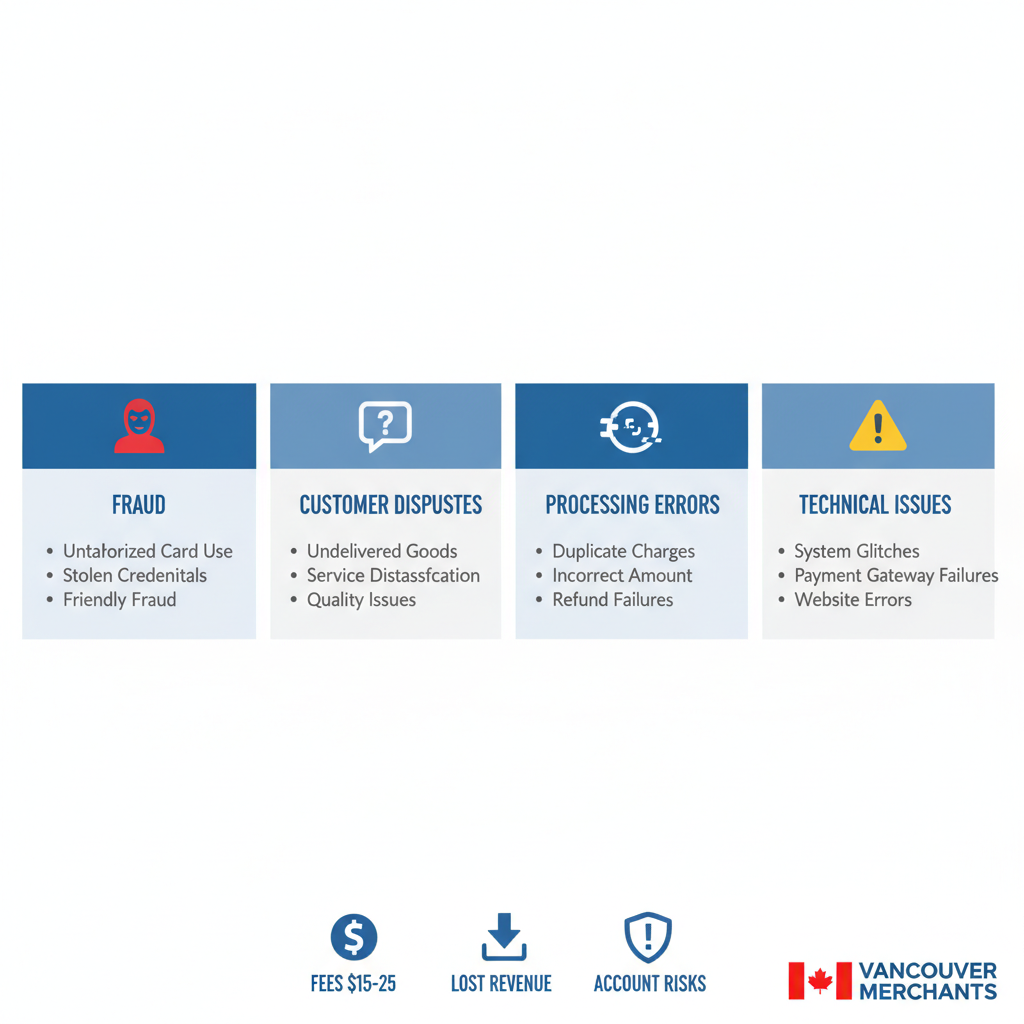 Infographic showing four common chargeback triggers in Shopify transactions with examples and financial impacts