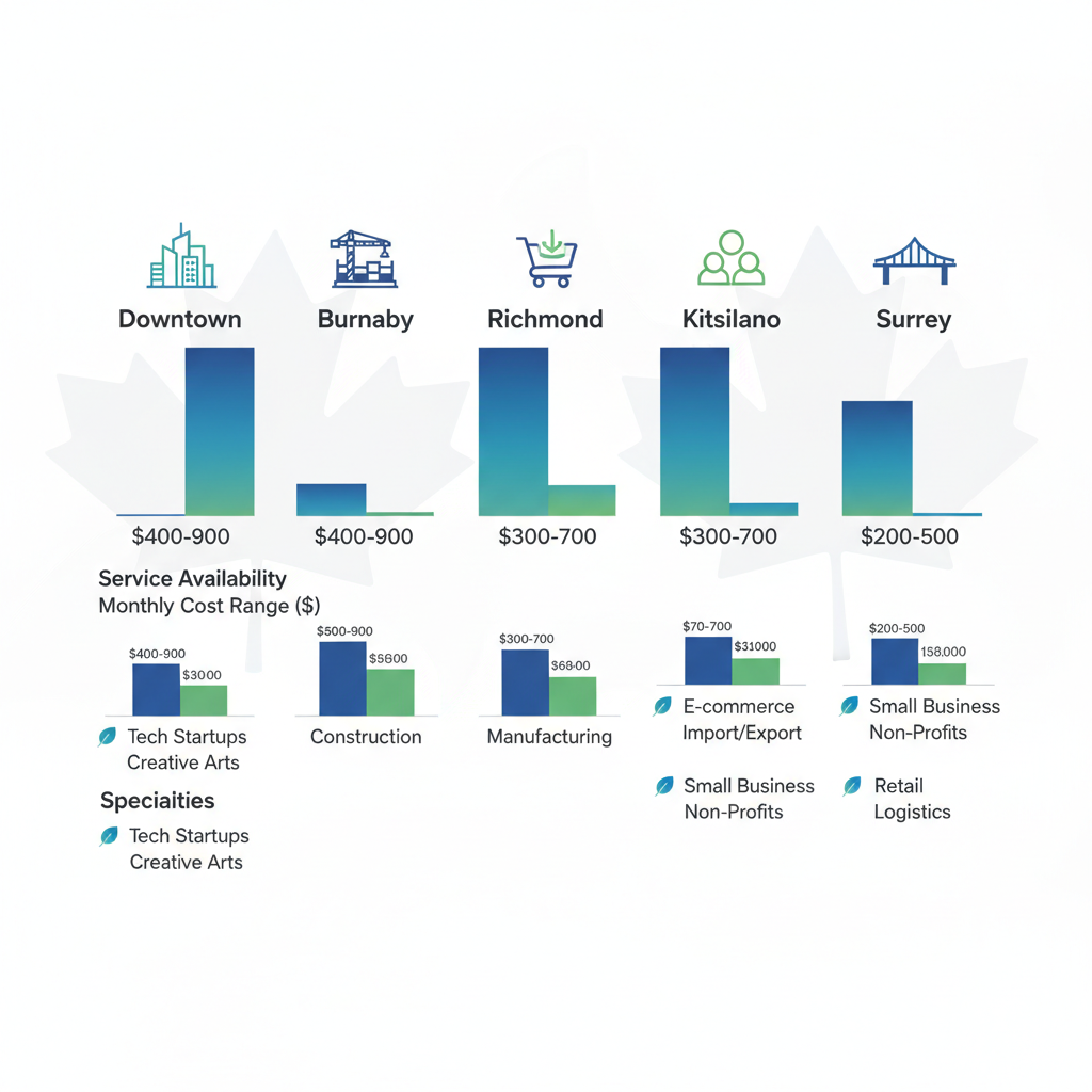 Infographic comparing bookkeeping service availability, costs, and specialties across Vancouver neighborhoods: Downtown, Burnaby, Richmond, Kitsilano, Surrey