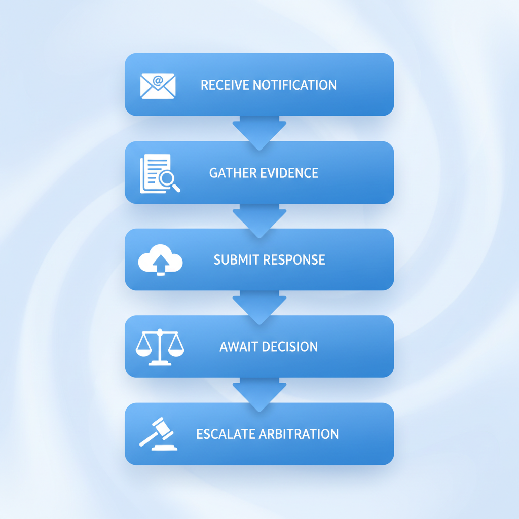 Vertical process flow diagram illustrating five steps in Shopify chargeback dispute resolution for Vancouver merchants