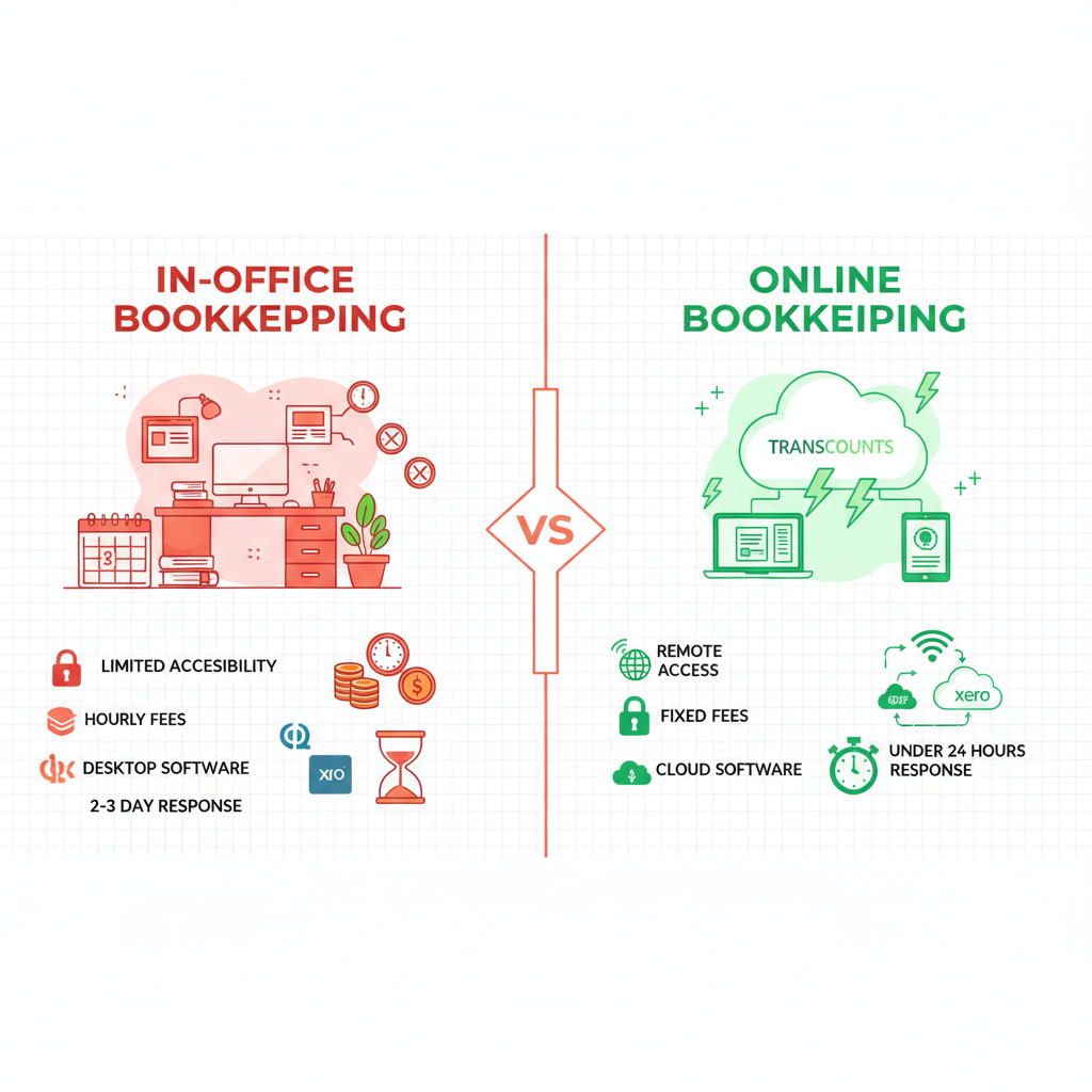 Infographic comparing in-office local bookkeeping firms versus online services like Transcounts for businesses in Surrey, British Columbia, highlighting accessibility, cost, technology, and response time.