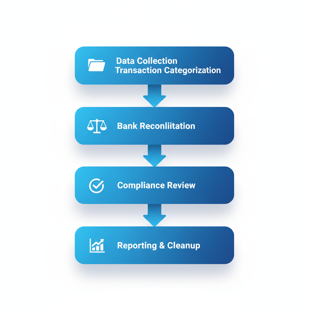 Vertical process flow illustrating five key stages of catch-up bookkeeping using QuickBooks Online for Vancouver businesses: data collection, transaction categorization, bank reconciliation, compliance review, and reporting cleanup.