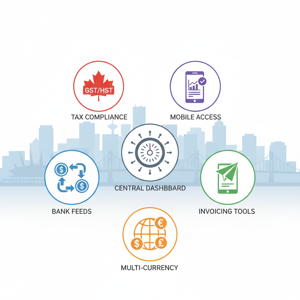 Infographic illustrating essential Xero bookkeeping features tailored for Vancouver businesses including bank feeds, invoicing, multi-currency, mobile access, and tax compliance.